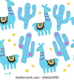 Kids fun characters texture. Mexico llama and cactus illustration. Blue hipster seamless pattern in scandinavian style. Nursery print for textile isolated on white background.
