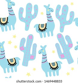 Kids fun characters texture. Mexico llama and cactus illustration. Blue trendy seamless pattern in scandinavian style. Nursery print for textile isolated on white background.