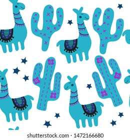 Kids fun characters texture. Mexico llama and cactus illustration. Blue colorful seamless pattern in scandinavian style. Nursery print for textile isolated on white background.