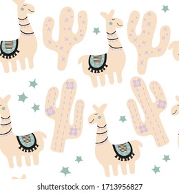 Kids fun characters texture. Mexico llama and cactus illustration. Pastel color colorful seamless pattern in scandinavian style. Nursery print for textile isolated on white background.