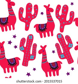Kids fun characters texture. Mexico llama and cactus illustration. Pink trendy seamless pattern in scandinavian style. Nursery print for textile isolated on white background.