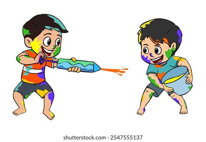 Kids Fun With Colours Festival, Cartoon Kids, Holi Festival, Two boys playing with colours, Cute Boys celebrating Holi Vector