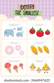 kids fun education find the biggest smallest object worksheet printable 