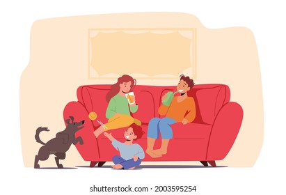 Kids Fun at Home Concept. Little Children with Soda Drink Sitting on Sofa Drinking Beverages and Playing with Dog. Family Characters Weekend Recreation, Relax. Cartoon People Vector Illustration