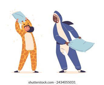 Kids Fun At Kigurumi Pajama Party, Laughter Echoes In A Flurry Of Oversized Animal Onesies. Feathers Fill The Air