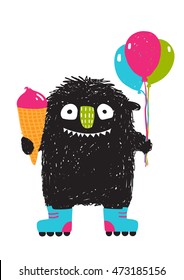 Kids Fun Monster with Ice-cream Balloons Roller Skating Cartoon. Happy funny little monster skating for children cartoon illustration. Vector drawing.