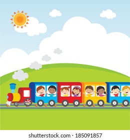 Kids Fun On Circus Train. Vector Illustration Of Diversity Kids On Circus Train Waving Their Hands.