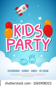 Kids Fun Party Celebration Flyer Design Template. Child Event Banner Decoration. Birthday Invitation Poster Background.