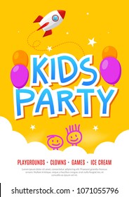 Kids fun party celebration flyer design template. Child event banner decoration. Birthday invitation poster background.
