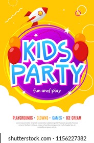 Kids Fun Party Celebration Flyer Design Template. Child Event Banner Decoration. Birthday Invitation Poster Background.