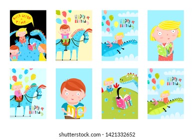 Kids Fun Reading Books Balloons Birthday Fairy Tales Event Cards Collection. Collection of ready children event designs with dragon horse reading books poster collection. Birthday cards or book covers