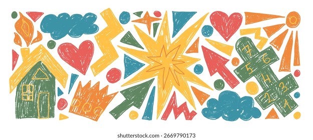 Conjunto de dibujos de crayón de Elementos funky para niños. Casa de garabato ingenuo, rayuela, sol y nubes doodle Formas aisladas sobre fondo blanco. Figuras de tiza de jardín de infantes. Vector ilustración de garabato infantil.