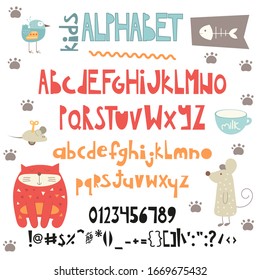 Kids funny alphabet. Cartoon hand drawn graphic font. For typography poster, greeting card, banner design. ABC. Vector illustration isolated on white background. Uppercase, lowercase, numerals, 