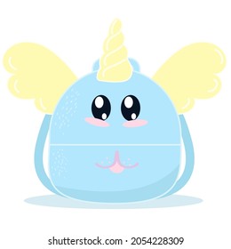 kids funny backpack in the form of a unicorn with wings, vector element in flat style