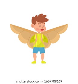 Сute kids. Funny boys costume with cardboard and paper wings of an airplane. Colorful simple flat cartoon style. Isolated vector illustration.