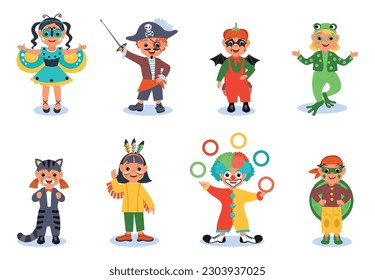 Kids funny carnival clothes. Little children in fabulous costumes and makeups. Halloween and birthday party. Clown or pirate. Boys and girls in festival clothing