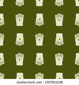 Los niños tienen divertidos patrones de animales sin costura con osos grises en sombreros. Fondo de oliva verde. Diseño creativo. Impresión vectorial plana para textiles, tela, giftwrap, papel pintado. Ilustración sin fin.