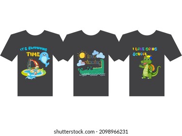 Kids Funny t-shirt design with swimming pool, crocodile, dolphin fish 