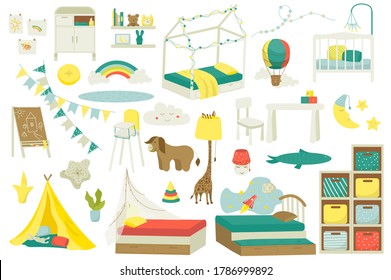 Kids Furniture For Baby Room Or Playroom Design, Set Of Vector Illustration. Nursery Interior With Toys, Kids Bed, Table, Chairs And Lamps, Decorations. Indoor Household Furniture For Children.