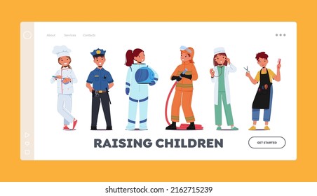 Kids Future Career Landing Page Template. Professions Chef, Policeman, Astronaut, Firefighter and Doctor with Hairdresser. Children Characters Choose Occupation. Cartoon People Vector Illustration