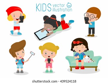 kids with gadgets, Kids Characters Boy and Girl with Mobile,children with gadgets, kid Tablet, People with their gadgets, children Tablet, kids with Mobile, child with Mobile, Vector Illustration.