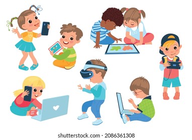 Niños con aparatos. Los niños tienen un dispositivo diferente. Niños y niñas con teléfonos, laptops y tablets. Jugar y aprender. Adolescentes con auriculares y gafas VR. Vector