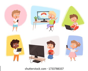 Kids with gadgets. Future technology children using laptop smartphone pc and electronic tablet vector cartoon illustrations