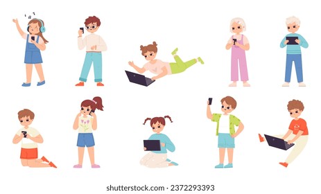 Kids with gadgets, playing and studying. Cartoon children using tablets, smartphones and laptops. Child digital addiction, snugly vector characters