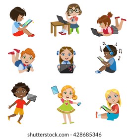 Kids With Gadgets Set Of Bright Color Isolated Vector Drawings In Simple Cartoon Design On White Background