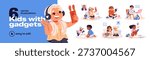 Kids with gadgets set. Children study online with laptop, communicate in internet with smartphone, watching video with tablet. Generation A with phones. Flat isolated vector illustrations on white