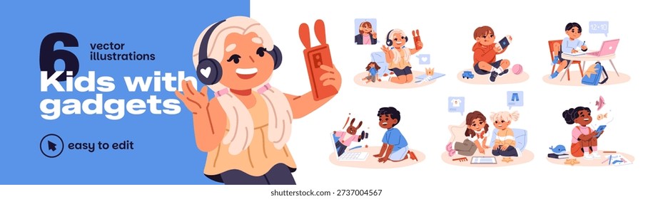 Kids with gadgets set. Children study online with laptop, communicate in internet with smartphone, watching video with tablet. Generation A with phones. Flat isolated vector illustrations on white