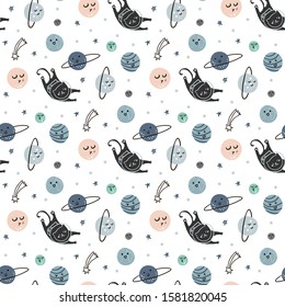 Kids galaxy print. Scandinavian style seamless pattern with hand drawn stars, planets. Trendy kids vector background.