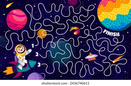 Kids galaxy space labyrinth maze game. Kid astronaut finding a planet. Maze kids riddle, search path child vector playing activity worksheet with boy on rocket, alien spaceship and planets in space