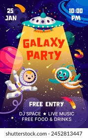 Kids galaxy space party flyer or invitation poster with kid astronaut and alien, vector background. Kids party or music entertainment event flyer with planets and spaceship rocket in starry sky