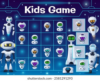 Kids game with cartoon robots and droids. Vector riddle with ai cyborgs. Educational maths, mind and attentiveness development. Children test with androids and artificial intelligence bots