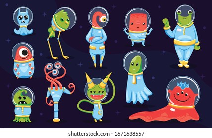 Kids game collection of colored monsters and aliens cartoon characters on dark background isolated vector illustration