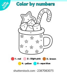 Kids game Color by numbers with Christmas cocoa mug with marshmallow, candy, gingerbread. Page of the holiday coloring book with cartoon New Year drink cup. Activity book for children. Vector design.
