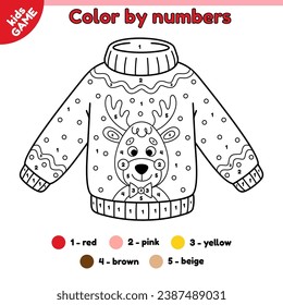 Kids game Color by numbers with Christmas ugly sweater. Page of the holiday coloring book with cartoon Xmas jumper with deer. New Year activity book for preschool children. Outline vector illustration