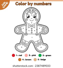 Kids game Color by numbers with gingerbread man. Page of the holiday coloring book with cartoon Christmas cookies. New Year activity book for children. Outline vector illustration of the Xmas biscuit.