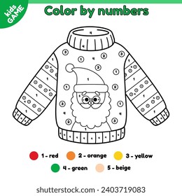 Kids game Color by numbers with Christmas sweater. Page of the holiday coloring book with ugly Xmas jumper with Santa Claus. New Year educational activity book for children. Vector outline design.