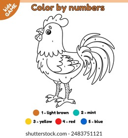 Kids game Color by numbers with cartoon farm rooster. Page of the coloring book with cute hen. Activity book for preschool and school children. Outline baby vector illustration of the funny farm bird.