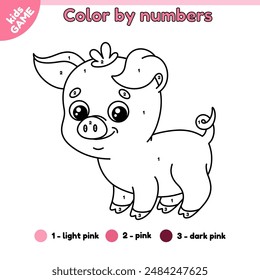 Kids game Color by numbers with cartoon farm piglet. Page of the coloring book with cute piggy. Activity book for preschool and school children. Outline vector illustration of the funny farm small pig