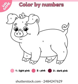 Kids game Color by numbers with cartoon farm pig. Page of the coloring book with cute big hog. Activity book for preschool and school children. Outline vector illustration of the funny farm animal.