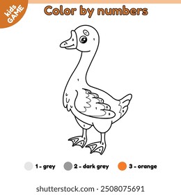 Kids game Color by numbers with cartoon farm goose. Page of the coloring book. Educational activity book for preschool and kindergarten children. Outline vector illustration of the cute farm bird.