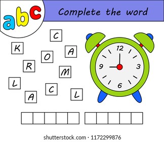 Kids game, complete the word, learning english alphabet