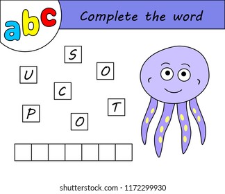 Kids game, complete the word, learning english alphabet