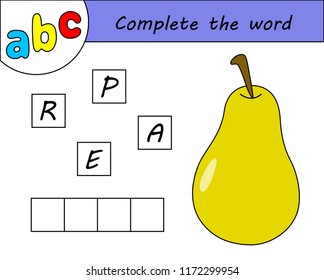 Kids game, complete the word, learning english alphabet