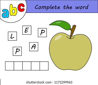 Kids game, complete the word, learning english alphabet