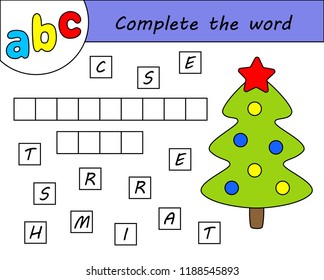 Kids game, complete the word, learning english alphabet. Christmas tree.
