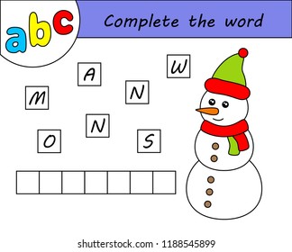 Kids game, complete the word, learning english alphabet. Snowman.